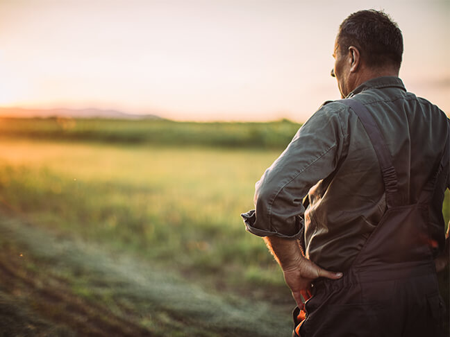 Farmer looking out to the sunset